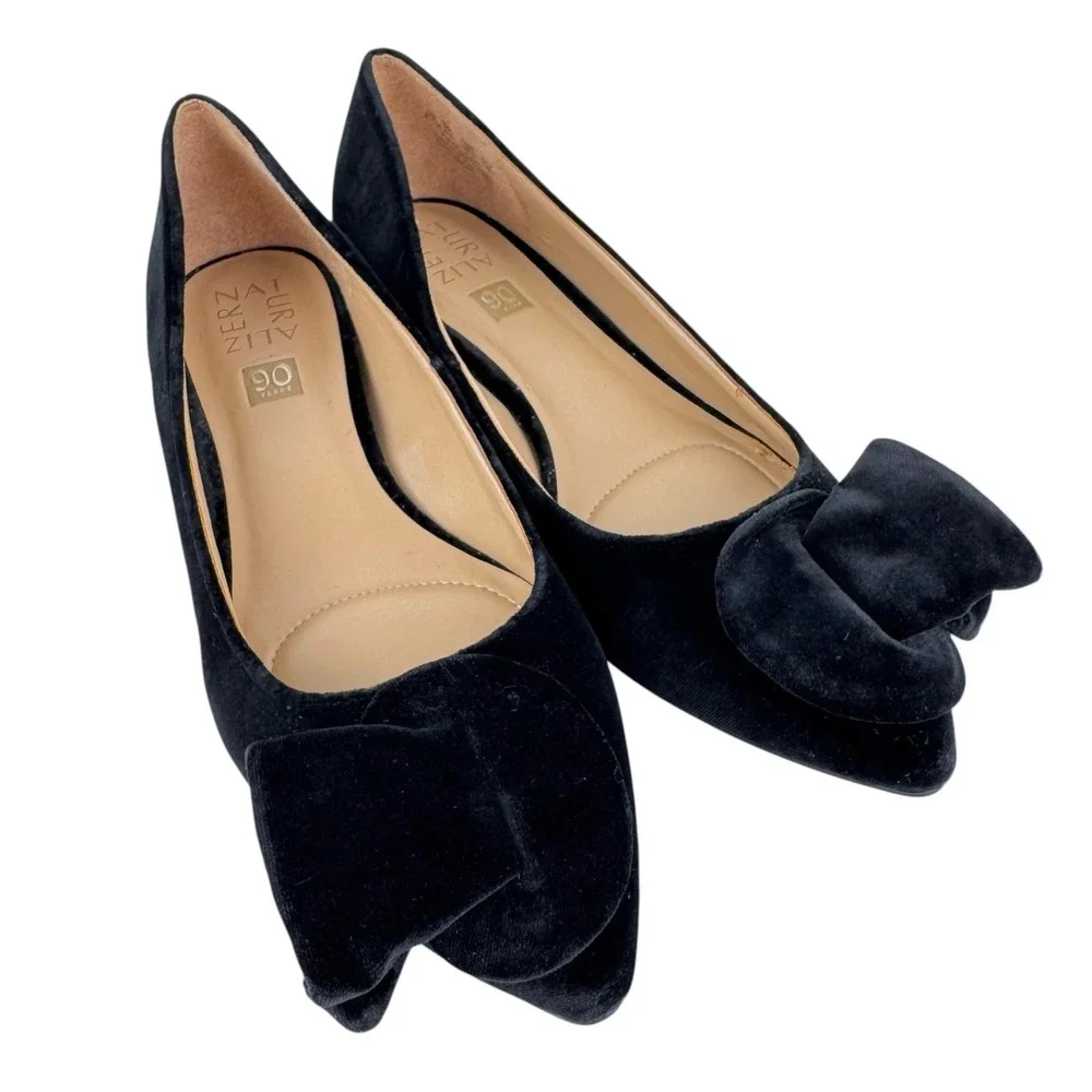 Naturalizer Velvet Black Flats 8.5 Bow Pointed Toe Career Comfort Non-Slip